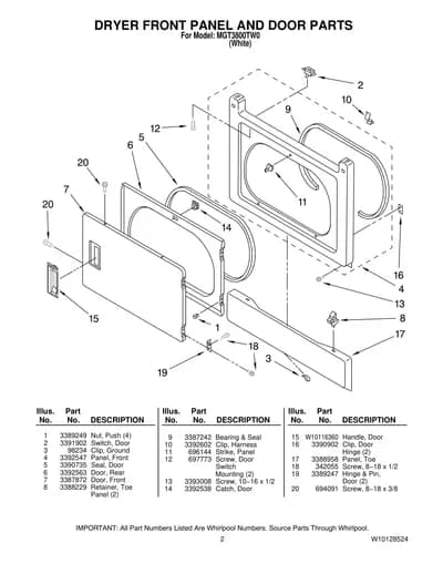 DRYER FRONT PANEL AND DOOR PARTS