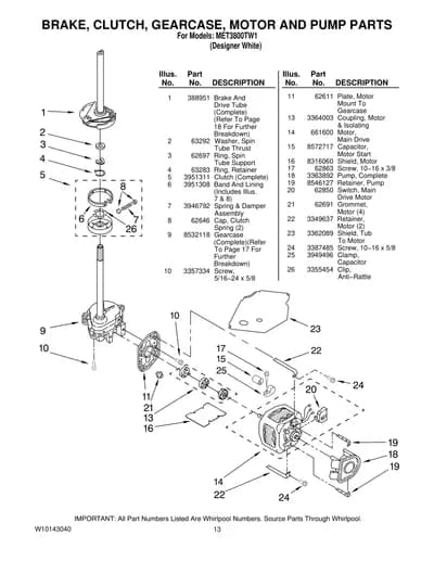 BRAKE, CLUTCH, GEARCASE, MOTOR AND PUMP PARTS
