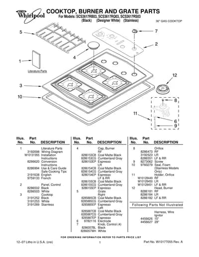 COOKTOP, BURNER AND GRATE PARTS