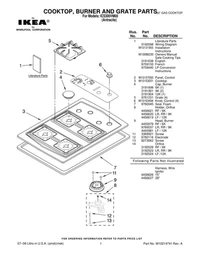 COOKTOP, BURNER AND GRATE PARTS