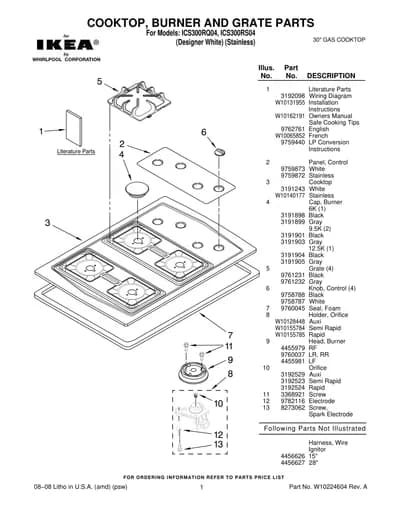 COOKTOP, BURNER AND GRATE PARTS
