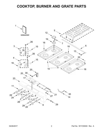 COOKTOP, BURNER AND GRATE PARTS