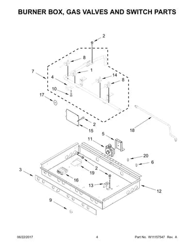 BURNER BOX, GAS VALVES AND SWITCH PARTS