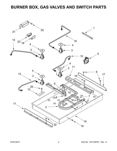 BURNER BOX, GAS VALVES AND SWITCH PARTS