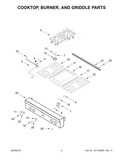 COOKTOP, BURNER, AND GRIDDLE PARTS