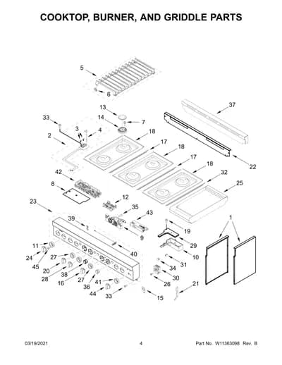 COOKTOP, BURNER, AND GRIDDLE PARTS