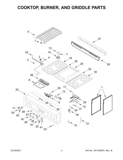 COOKTOP, BURNER, AND GRIDDLE PARTS