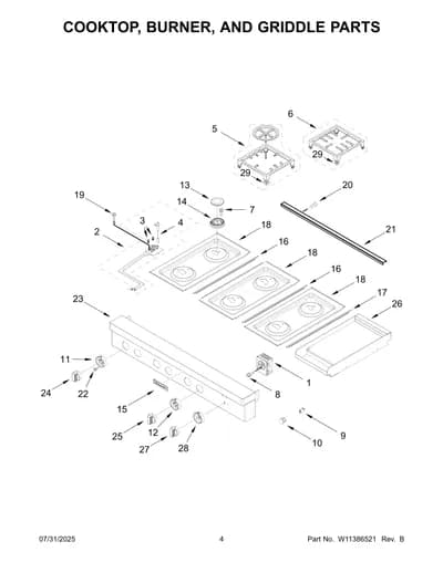 COOKTOP, BURNER, AND GRIDDLE PARTS