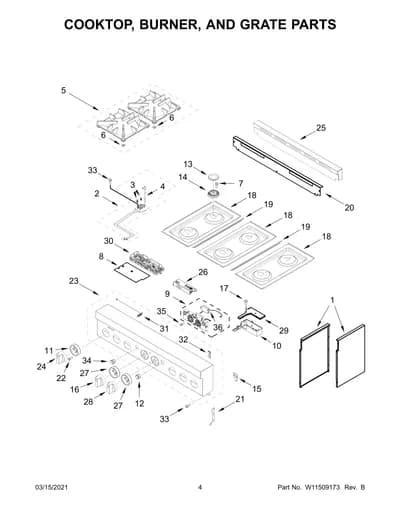 COOKTOP, BURNER, AND GRATE PARTS
