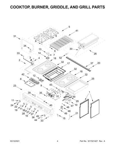 COOKTOP, BURNER, GRIDDLE, AND GRILL PARTS