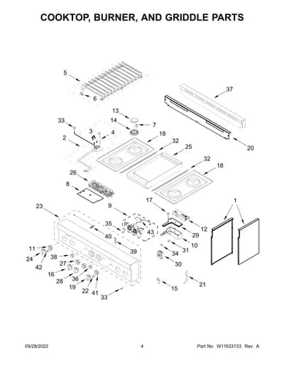 COOKTOP, BURNER, AND GRIDDLE PARTS