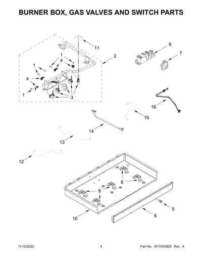 BURNER BOX, GAS VALVES AND SWITCH PARTS