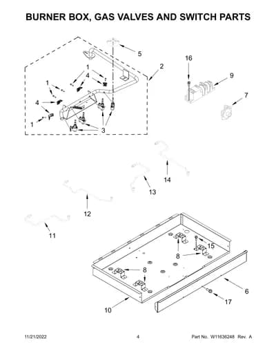 BURNER BOX, GAS VALVES AND SWITCH PARTS