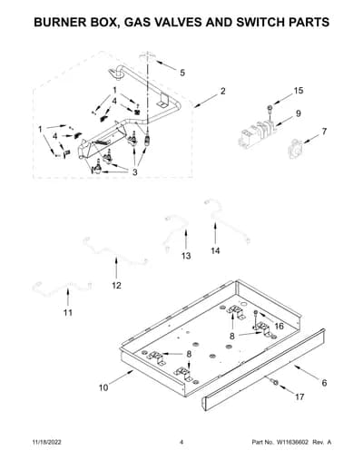 BURNER BOX, GAS VALVES AND SWITCH PARTS