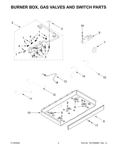 BURNER BOX, GAS VALVES AND SWITCH PARTS