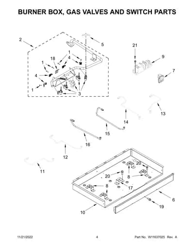 BURNER BOX, GAS VALVES AND SWITCH PARTS