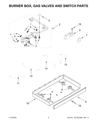 BURNER BOX, GAS VALVES AND SWITCH PARTS