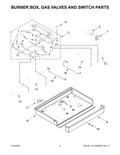 BURNER BOX, GAS VALVES AND SWITCH PARTS
