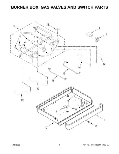 BURNER BOX, GAS VALVES AND SWITCH PARTS