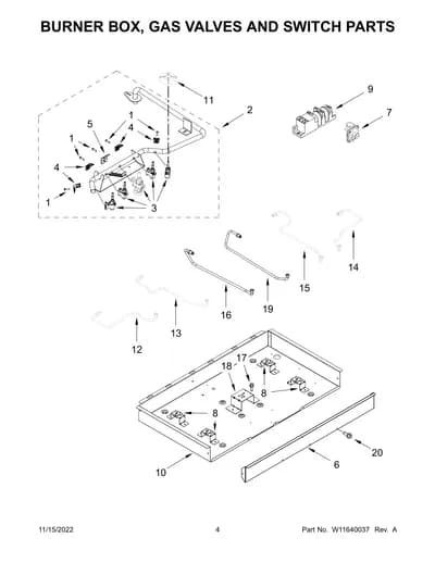 BURNER BOX, GAS VALVES AND SWITCH PARTS