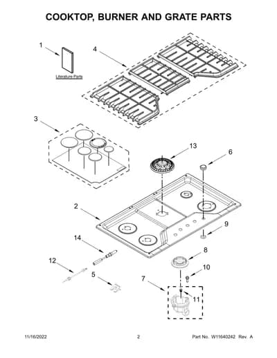 COOKTOP, BURNER AND GRATE PARTS