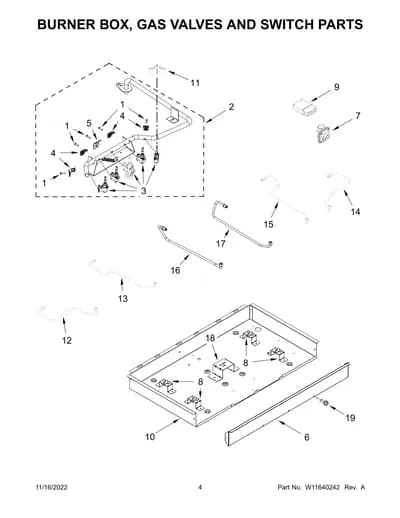 BURNER BOX, GAS VALVES AND SWITCH PARTS