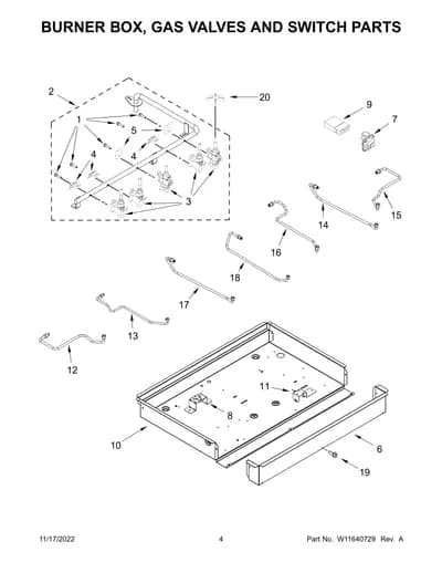 BURNER BOX, GAS VALVES AND SWITCH PARTS