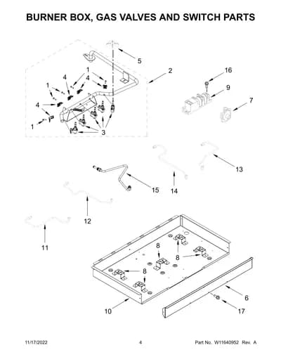 BURNER BOX, GAS VALVES AND SWITCH PARTS