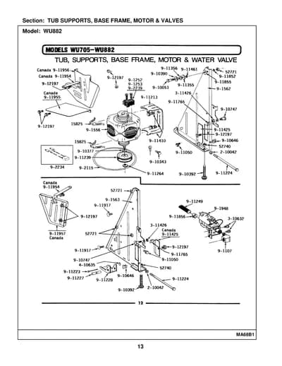 TUB SUPPORTS, BASE FRAME, MOTOR & VALVES