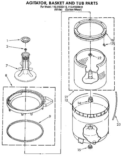 AGITATOR, BASKET AND TUB